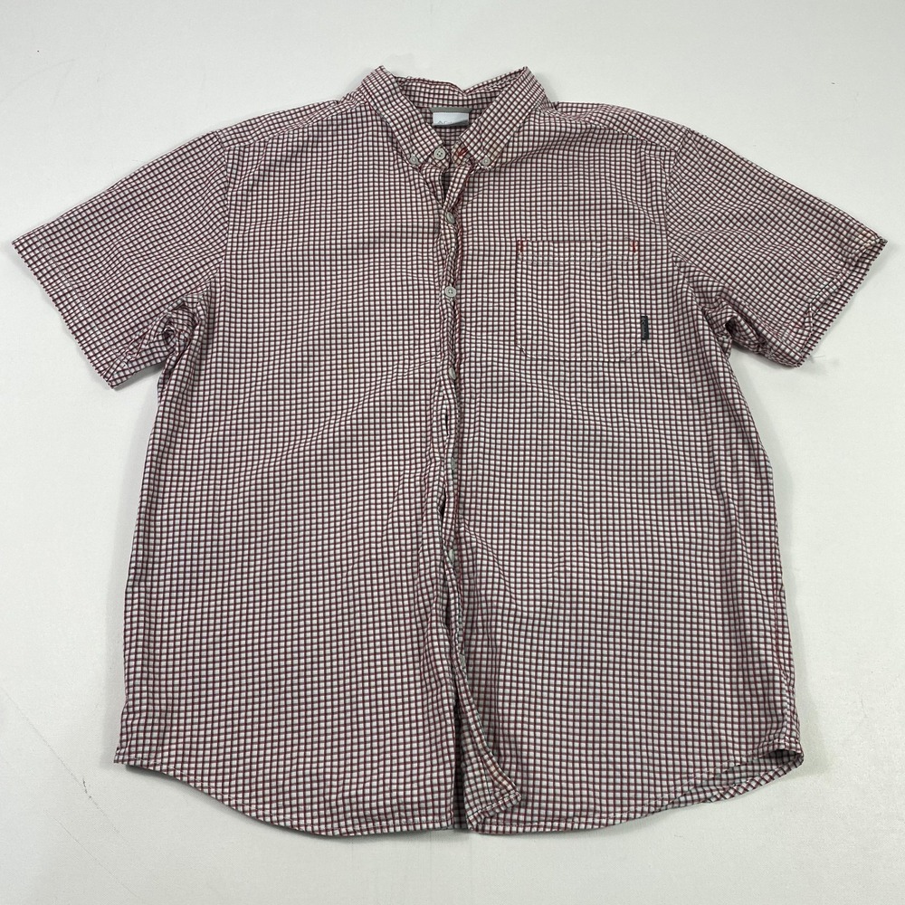 Columbia Shirt Mens XL Red White Checked Button Down Short Sleeve Cotton Casual